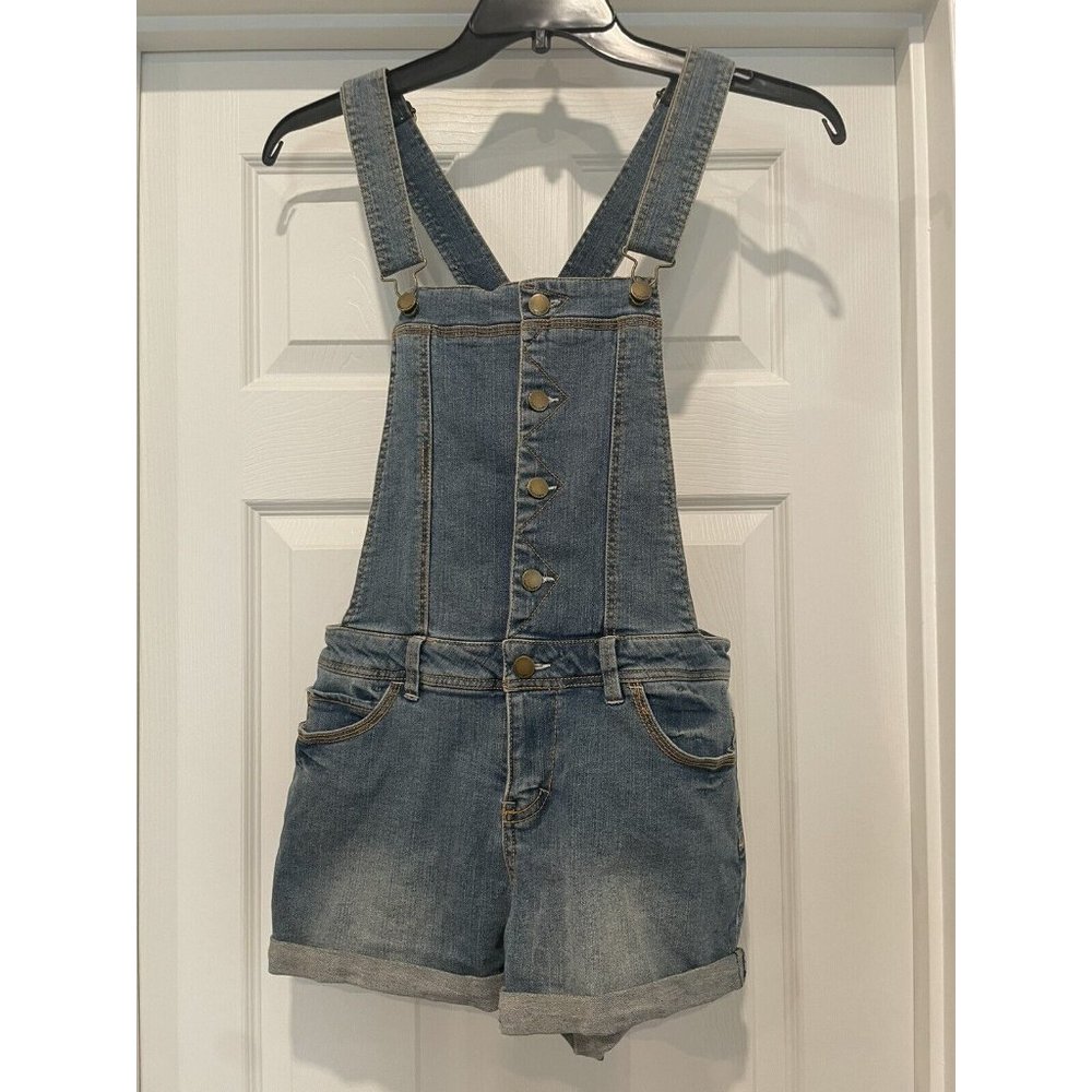 Tinseltown Women's Junior's M Blue Distressed Adjustable Jean Shortalls